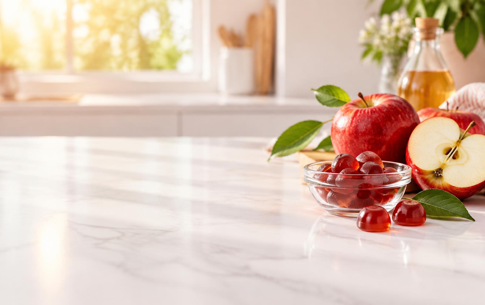 Fresh apples and apple cider vinegar gummies on a bright kitchen counter
