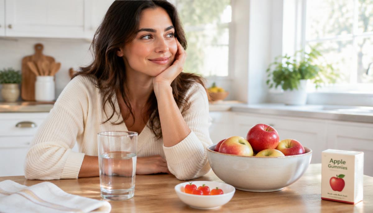 Woman relaxing at a kitchen table with water, apples and apple gummies