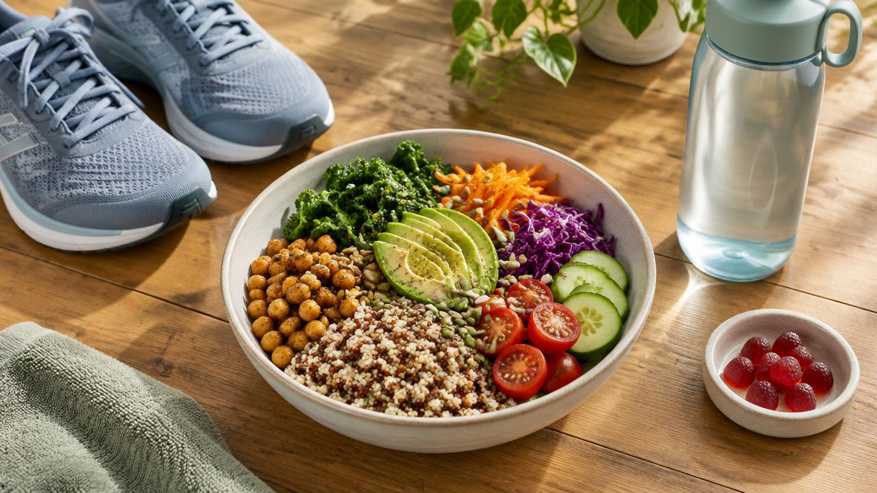 Healthy grain and vegetable bowl with sneakers, a water bottle and a small dish of red gummies