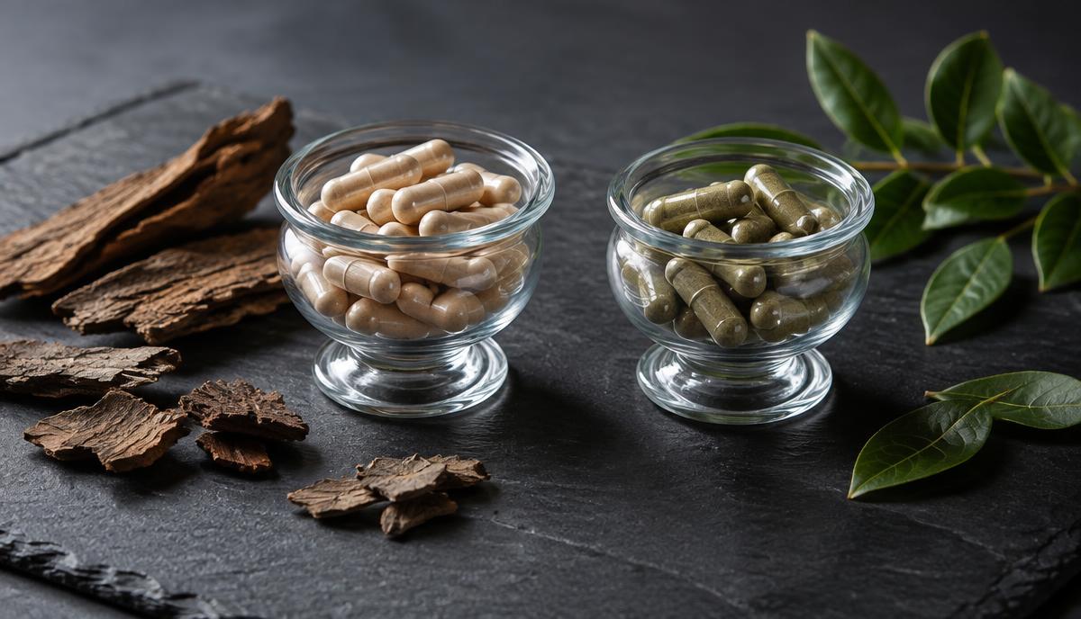 Two glass dishes of capsules on dark slate beside tree bark and green leaves