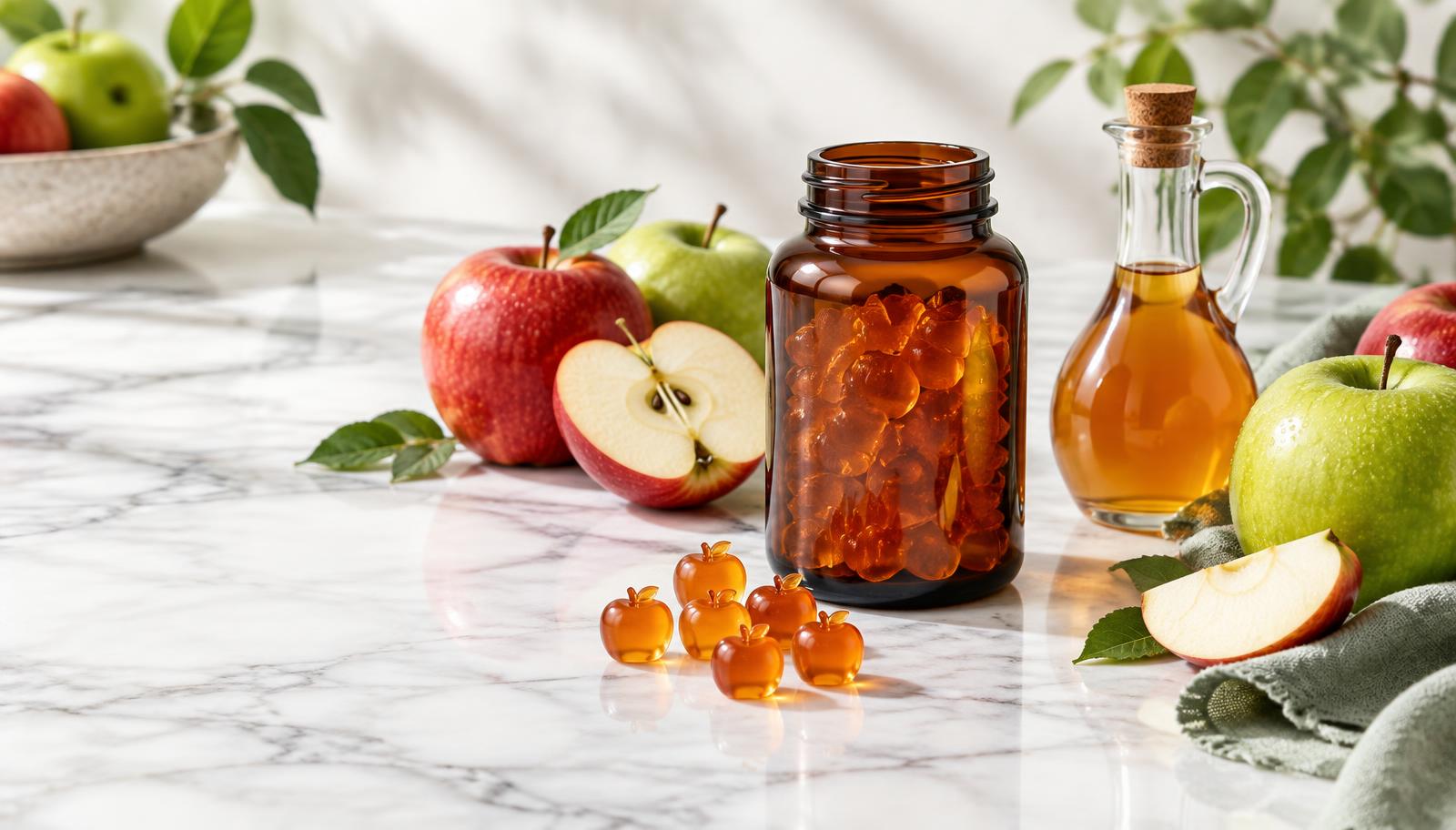 Amber apple cider vinegar gummies with fresh apples and a glass vinegar bottle