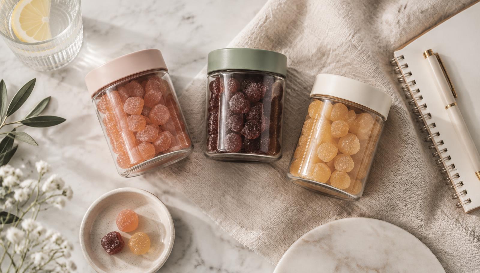 Three jars of gummy vitamins arranged on linen and marble beside a notepad for comparison