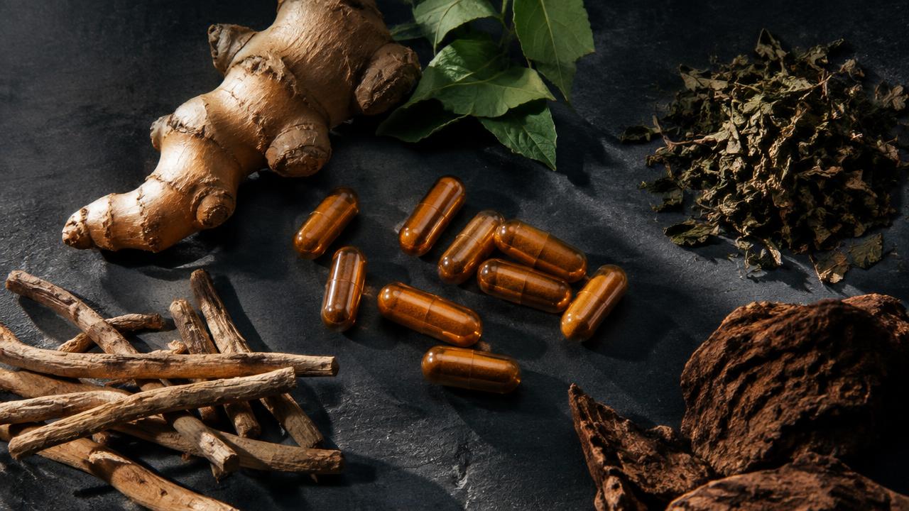 Amber supplement capsules with herbal roots and dried botanicals on a dark slate surface