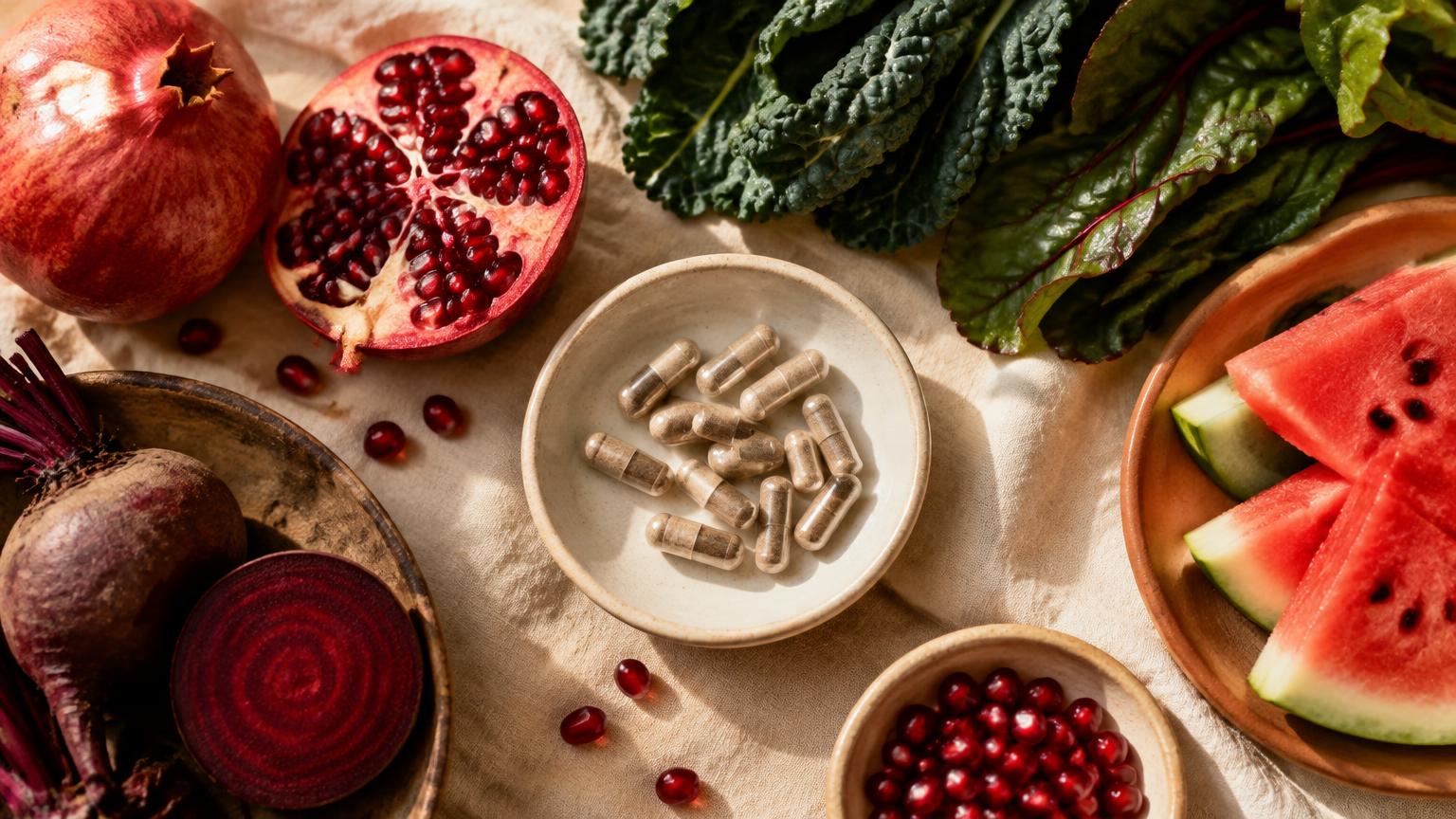 Overhead flat lay of supplement capsules with pomegranate, beetroot, watermelon and leafy greens on a warm linen surface