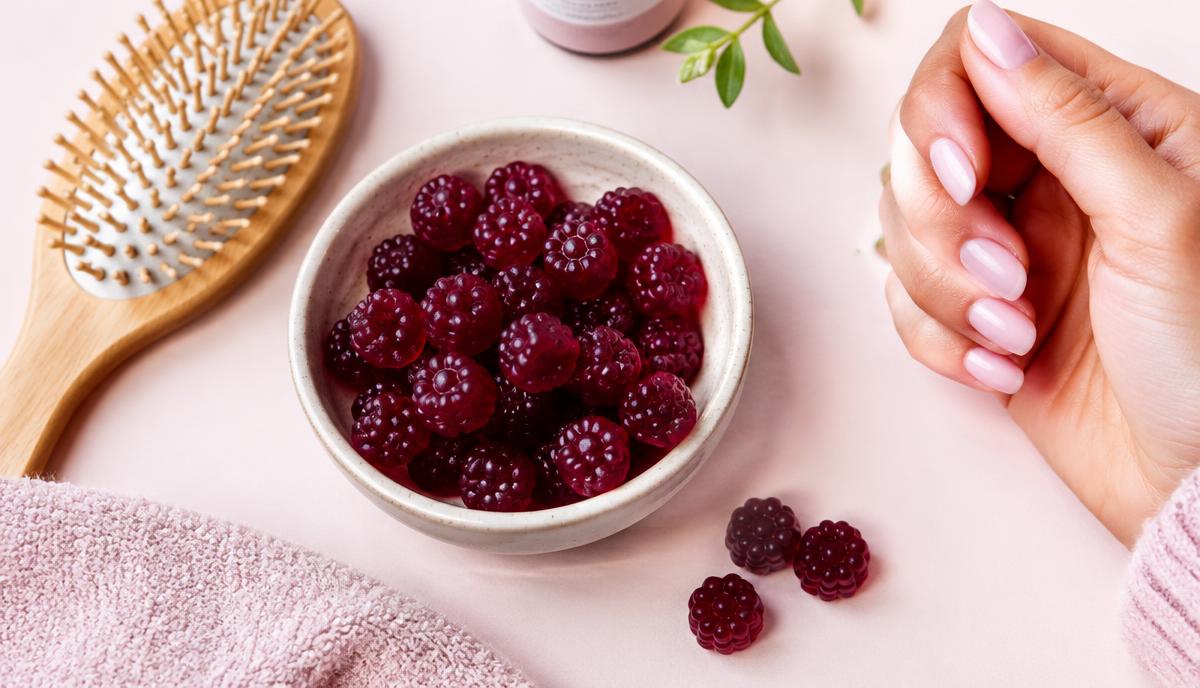 Berry gummy vitamins in a dish beside a hairbrush and a hand with healthy nails