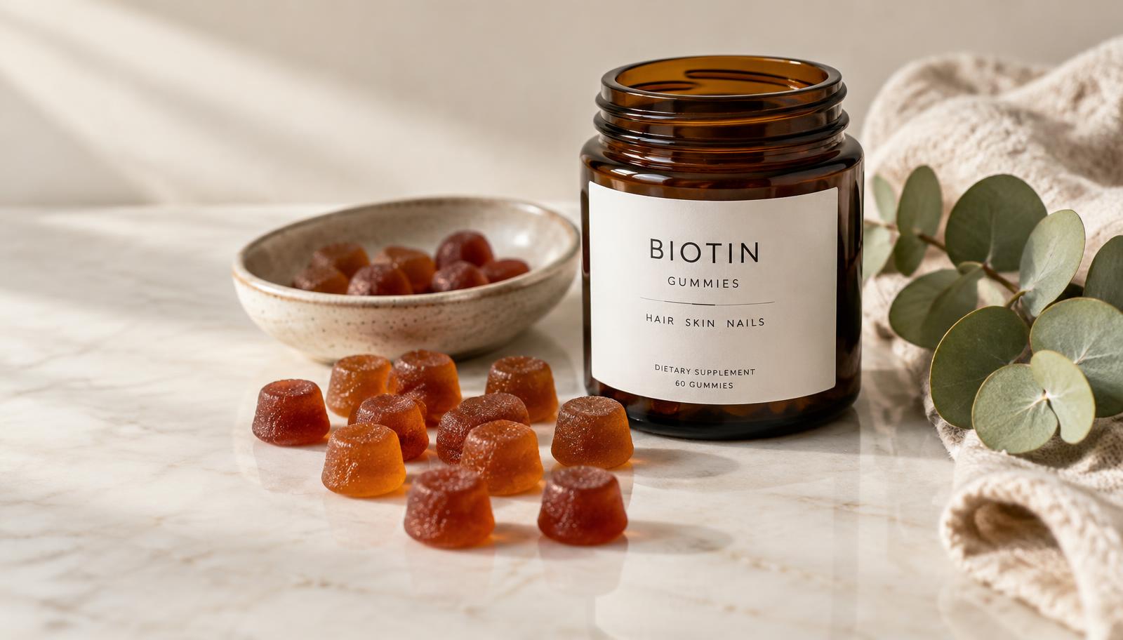 Amber jar of biotin gummies with gummies scattered on a marble surface beside eucalyptus