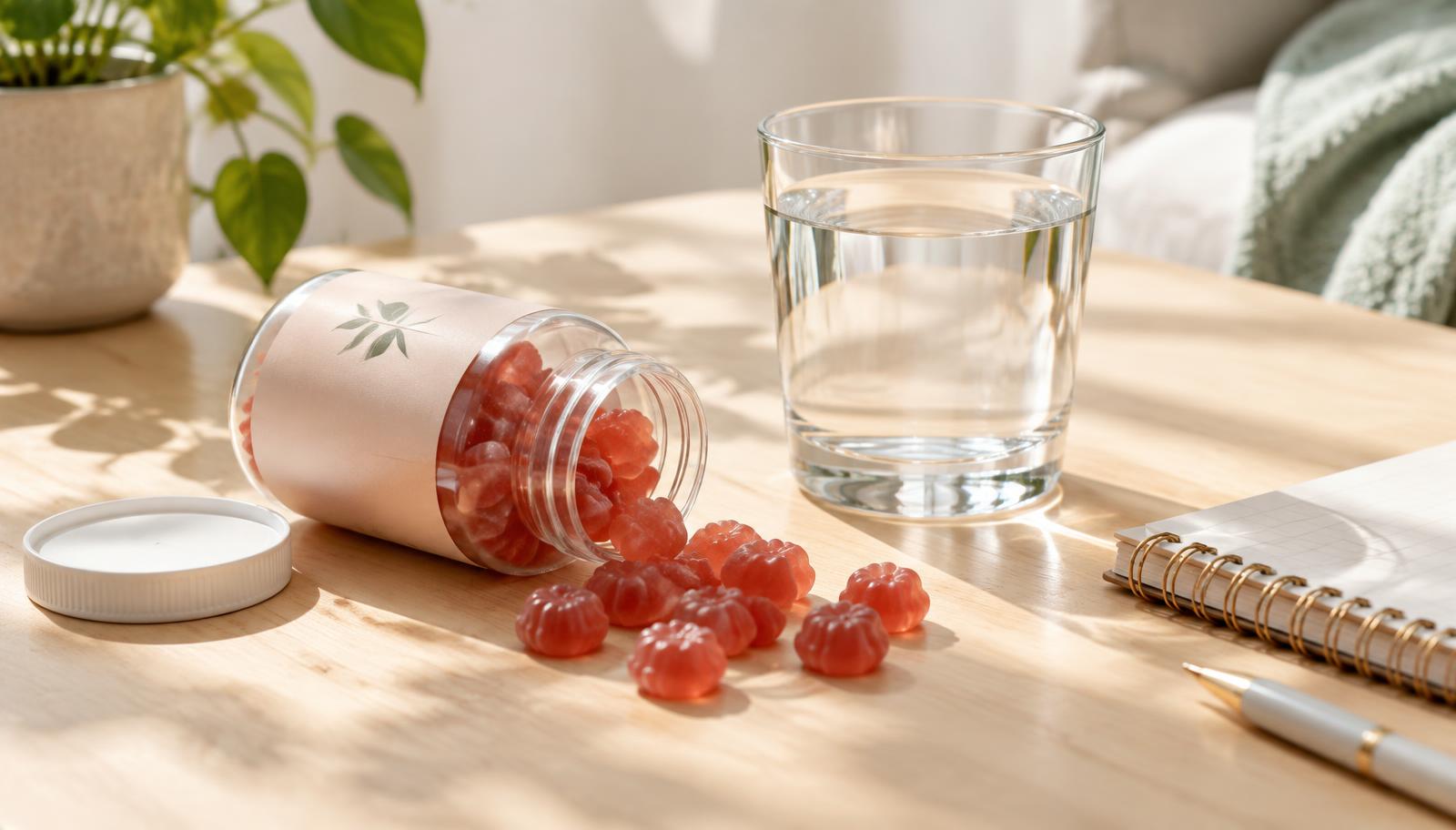 Biotin gummies spilled from a jar beside a glass of water and a notebook on a wooden desk