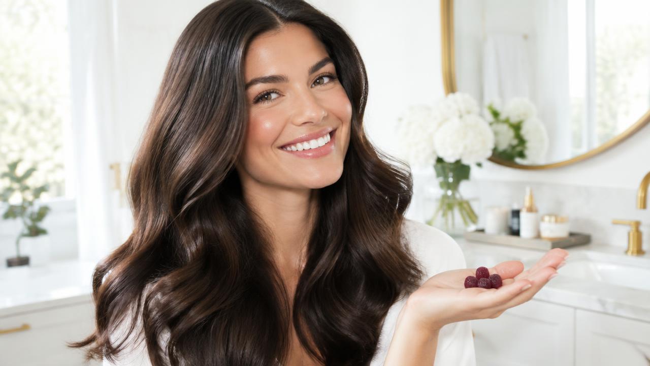 Smiling woman with long glossy hair holding berry-colored gummy vitamins