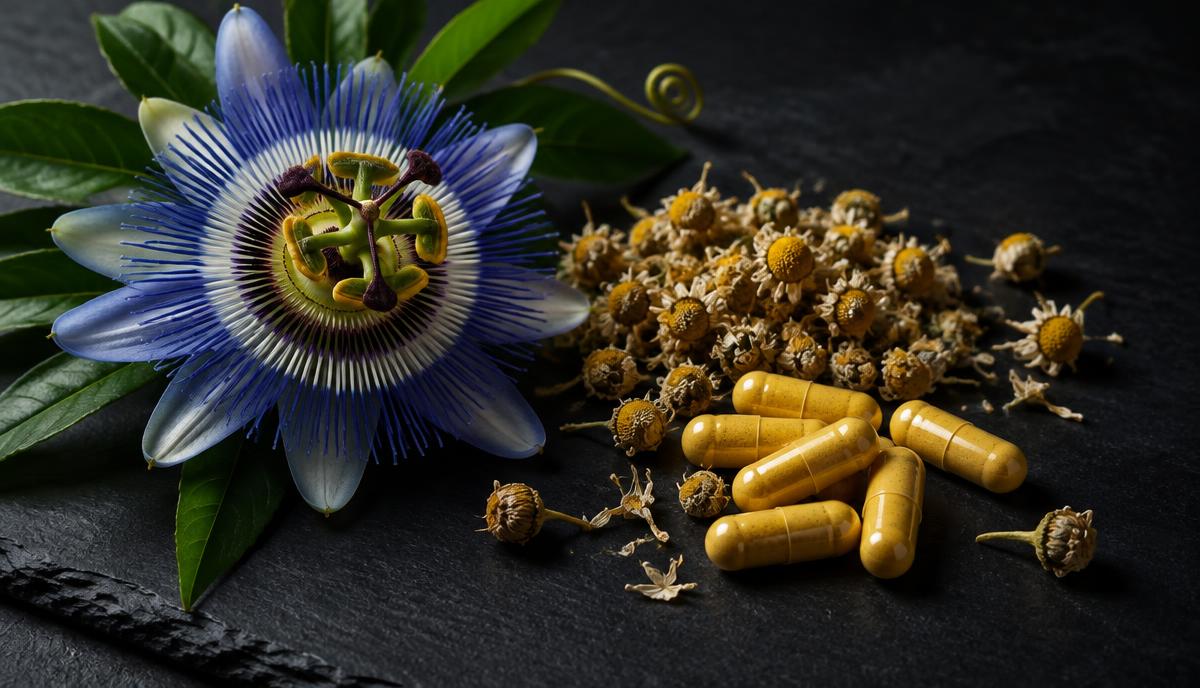 Blue passionflower blossom and dried chamomile flowers beside yellow capsules representing chrysin