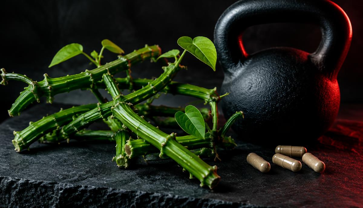 Fresh cissus quadrangularis vine stems beside a black kettlebell and supplement capsules on dark slate