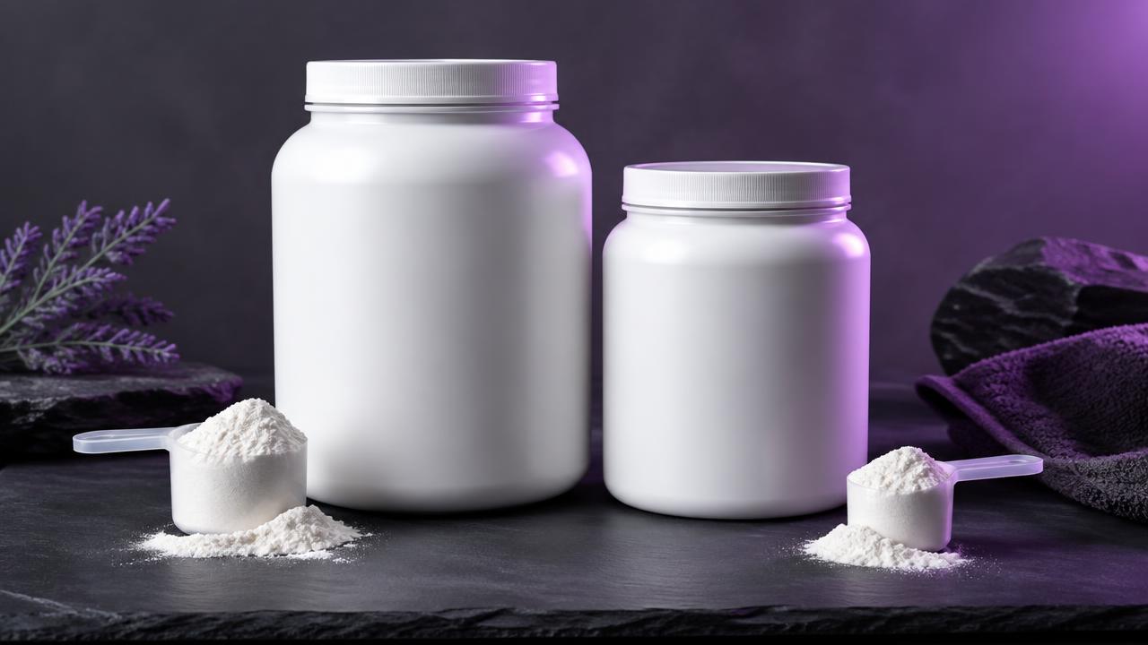 Two unbranded white supplement jars with powder scoops on dark slate under soft purple light