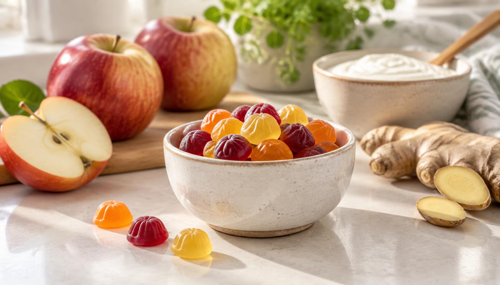 Bowl of digestive health gummies beside fresh apples, ginger and yogurt on a bright kitchen counter