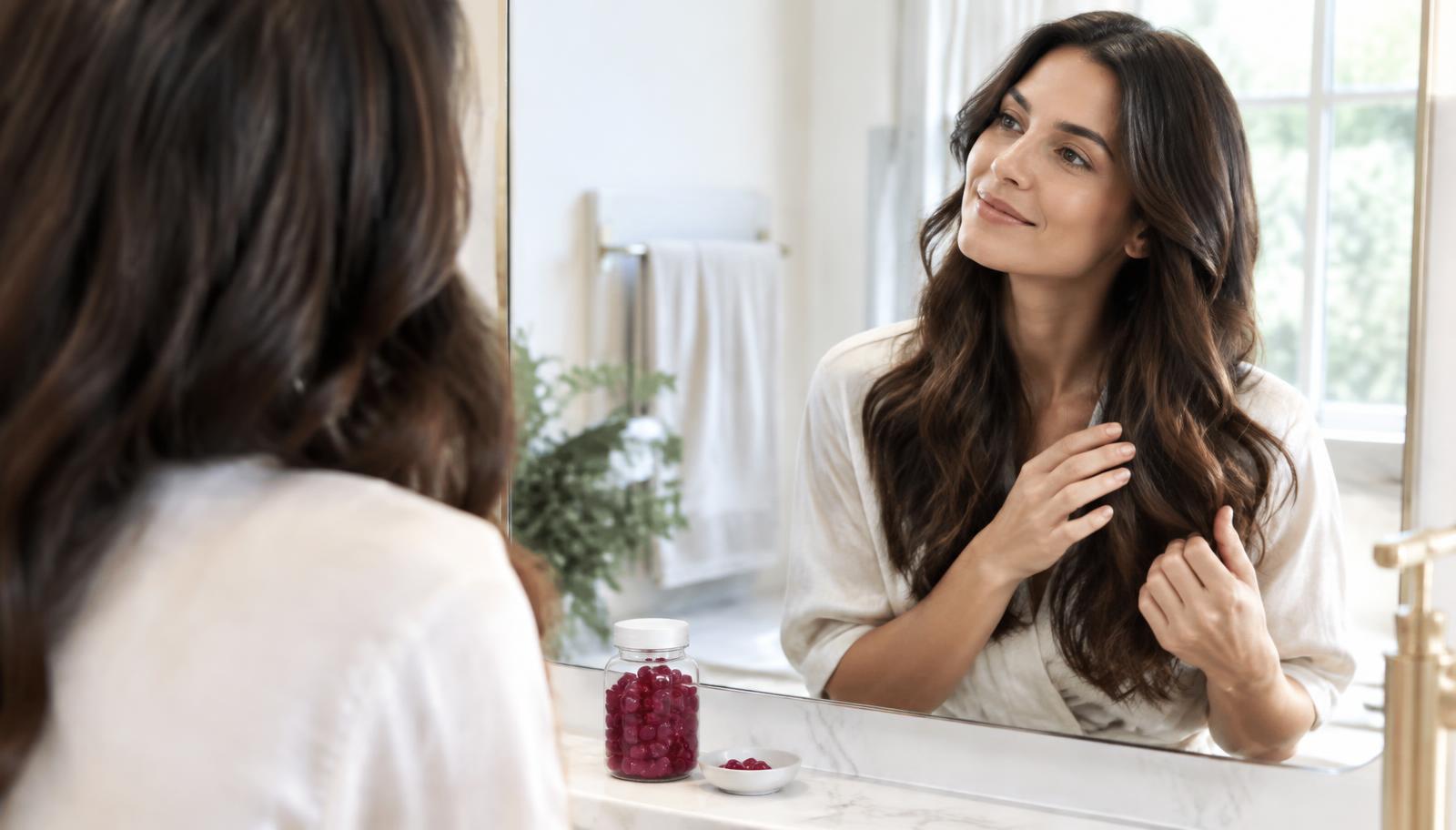 Woman checking her hair in a bright bathroom mirror with a jar of hair gummies on the counter