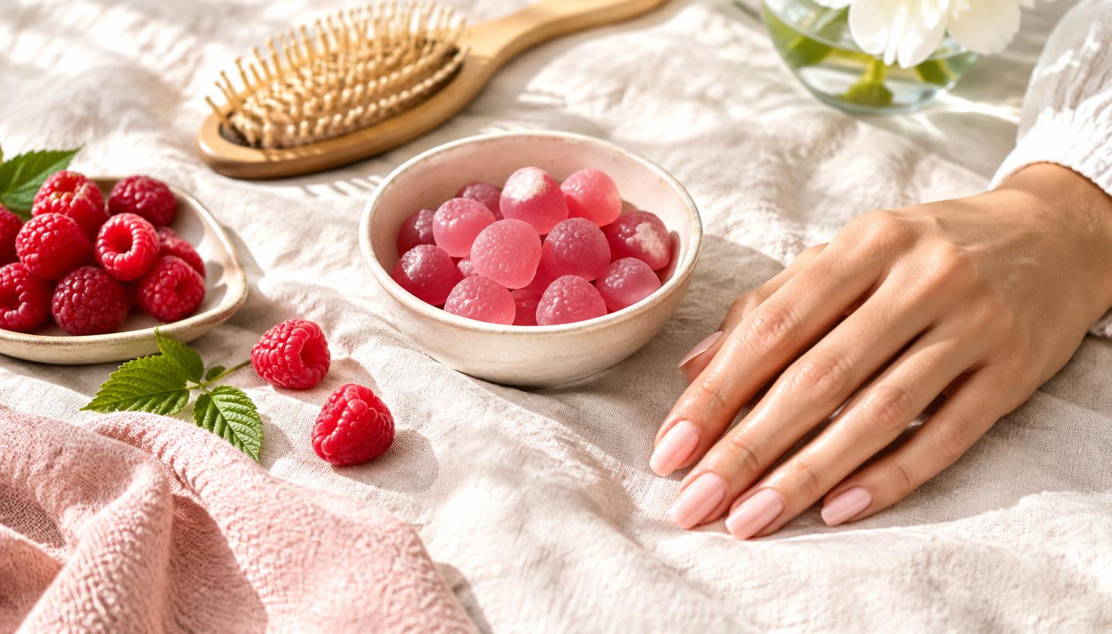 Hair, skin and nails gummies beside a bottle on a bathroom shelf