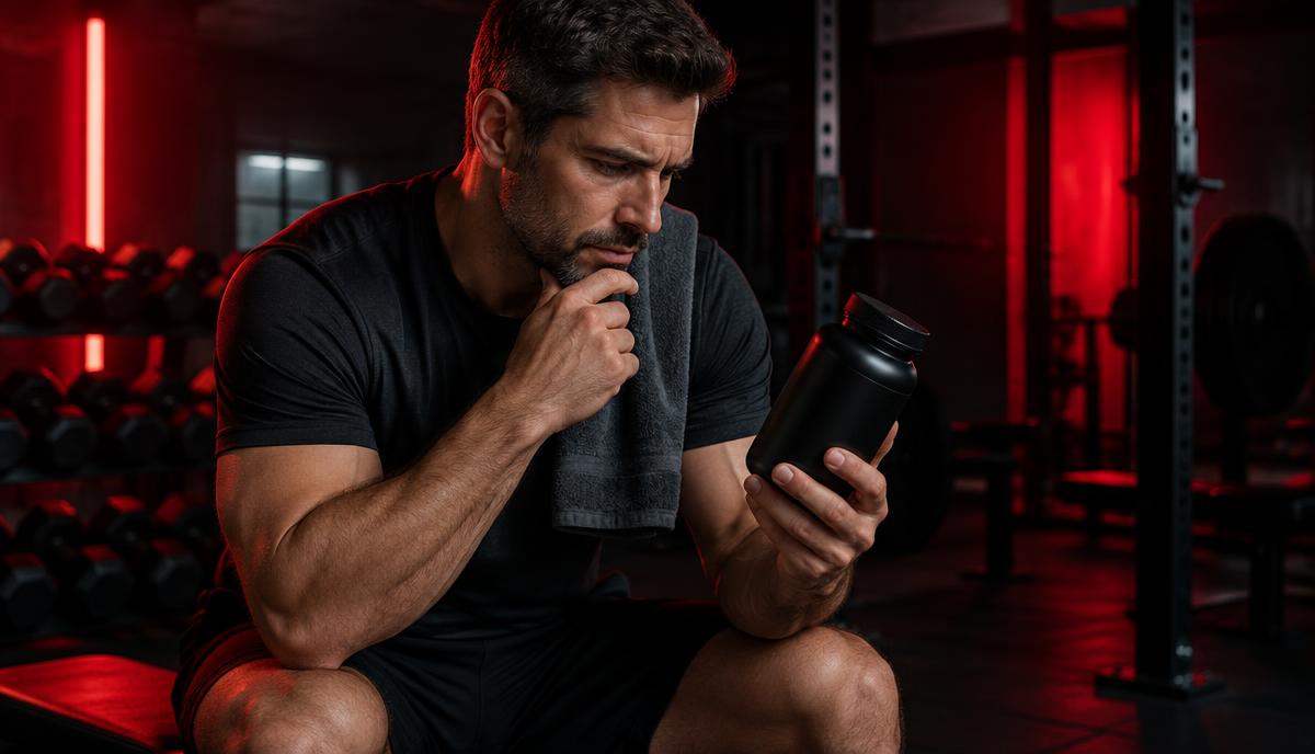 Fit man in a dim gym thoughtfully reading the label on a black supplement bottle