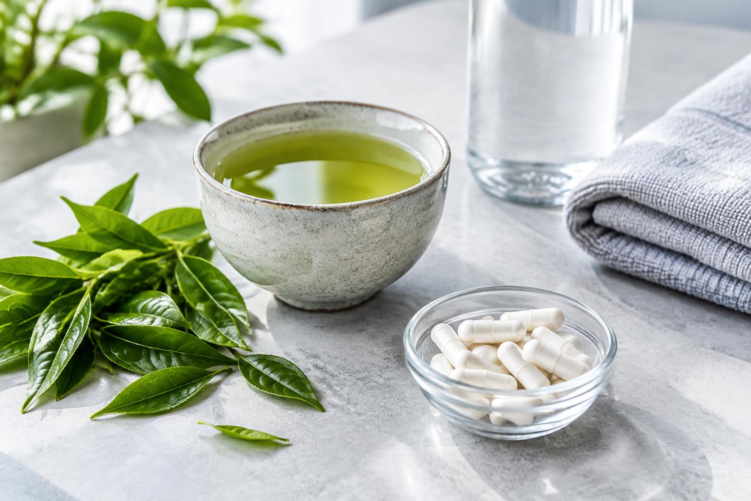 Green tea leaves and brewed tea beside unbranded supplement capsules, water and a workout towel