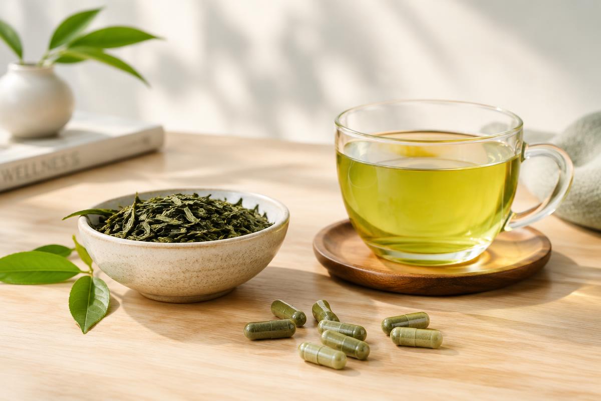 Green tea leaves, a cup of brewed green tea and green supplement capsules on a wooden table