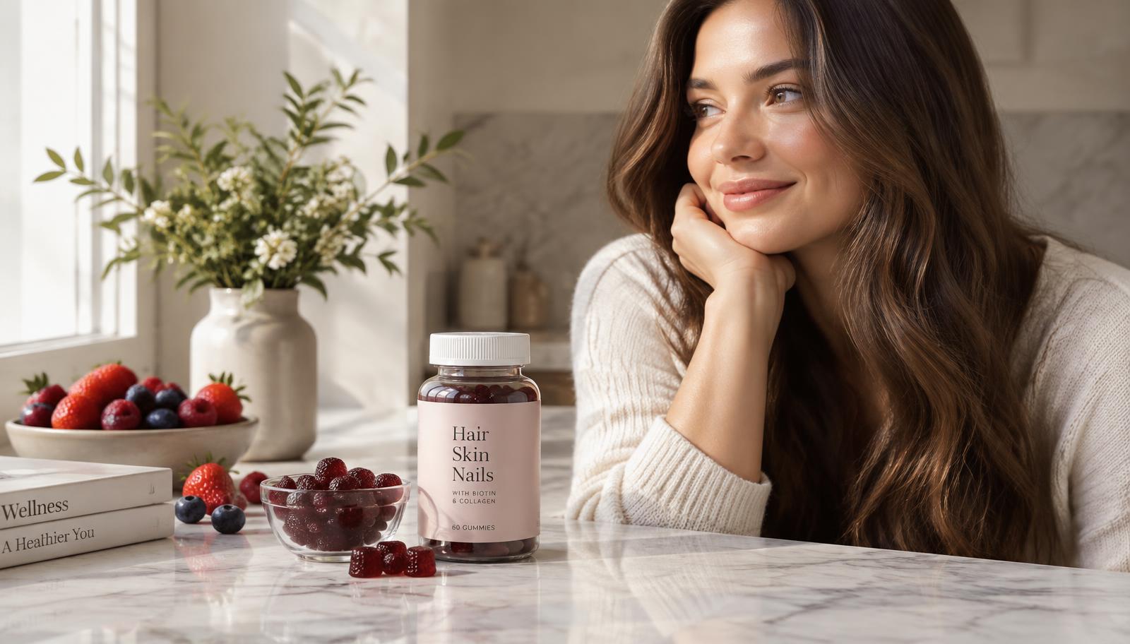 Woman with healthy long hair beside a jar of berry hair growth gummies on a marble kitchen counter