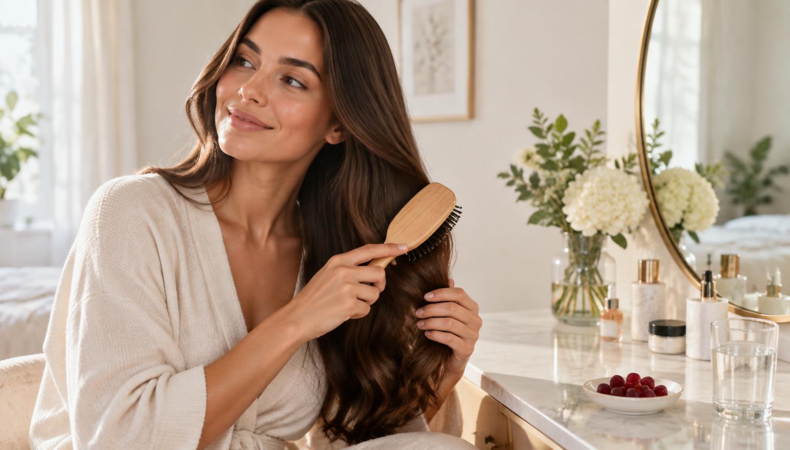 Woman brushing long healthy hair at a bright vanity with a dish of berry gummies on the counter