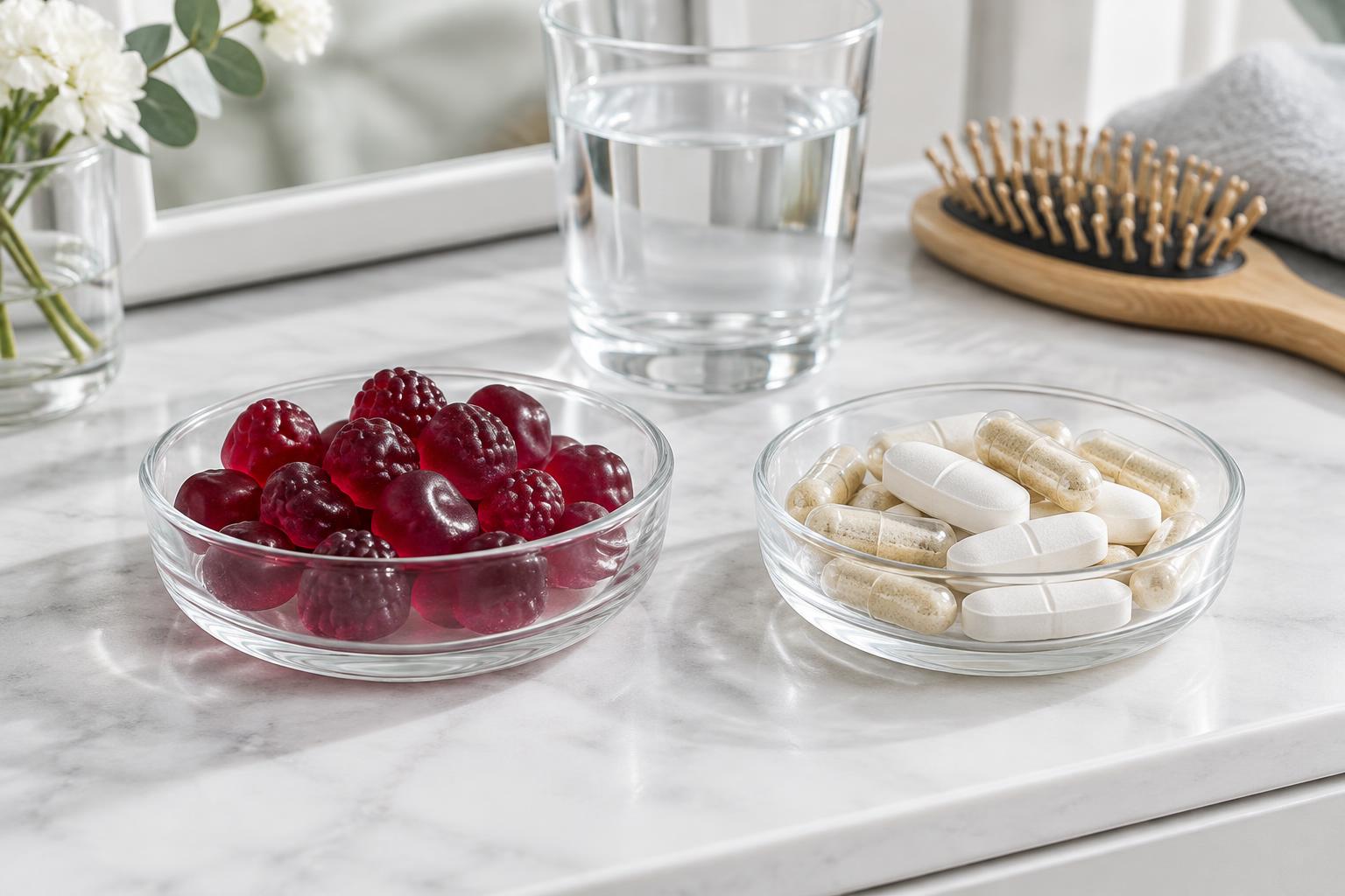 Berry-colored gummies beside plain tablets and capsules on a dressing table with a hairbrush