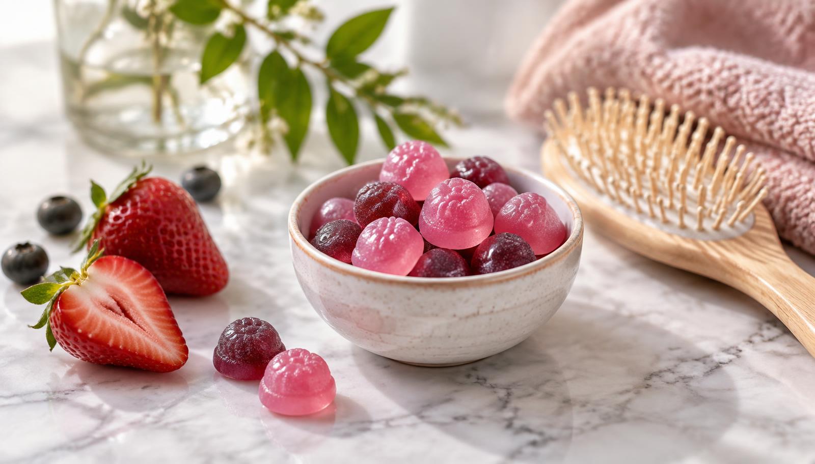 Bowl of berry hair skin and nails gummies on a marble counter beside a hairbrush and fresh fruit