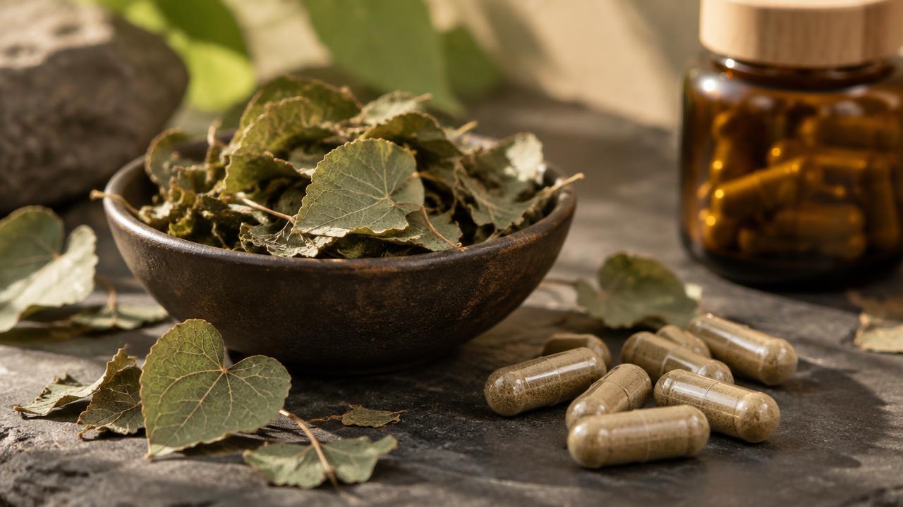 Dried horny goat weed (epimedium) leaves in a stone bowl beside herbal capsules and an amber supplement jar