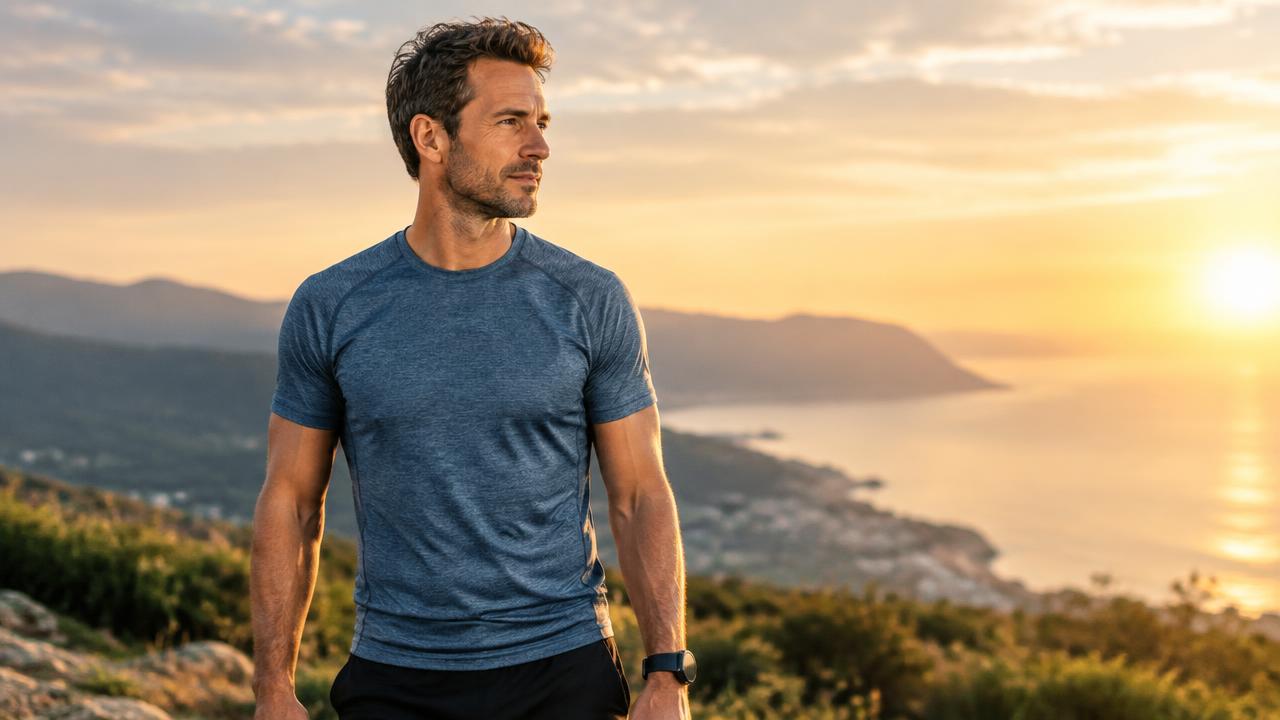 Healthy man in athletic wear standing outdoors in warm golden-hour light