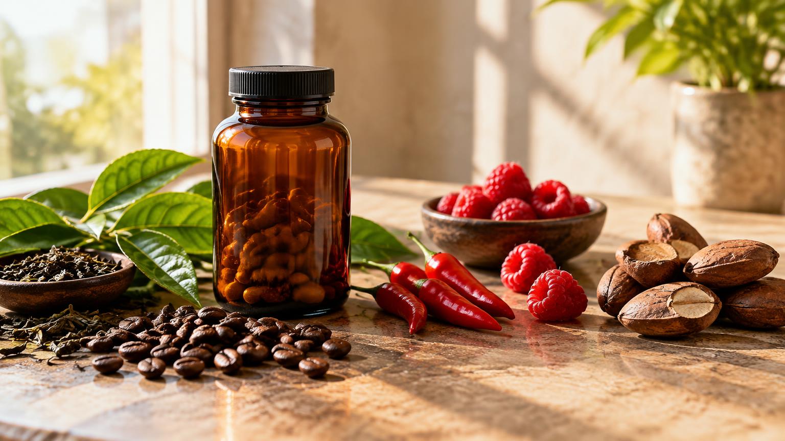 Amber capsule bottle beside green tea leaves, coffee beans, red chili peppers, raspberries and kola nuts