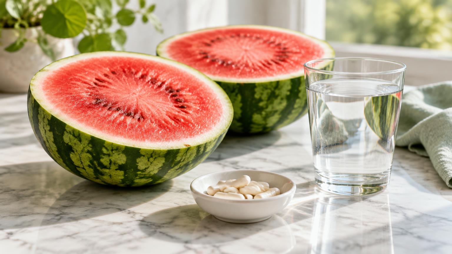 Watermelon halves, a small dish of white capsules and a glass of water on a bright marble kitchen counter