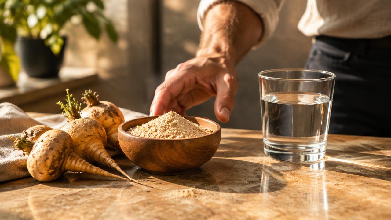 Maca root powder in a wooden bowl beside whole maca roots and a glass of water