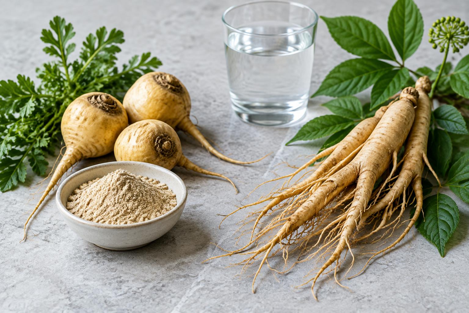 Editorial still life of maca roots and powder beside branching ginseng roots and water