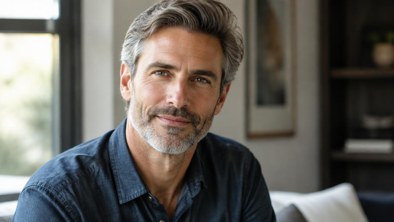 Confident healthy man in his late forties sitting in warm natural window light