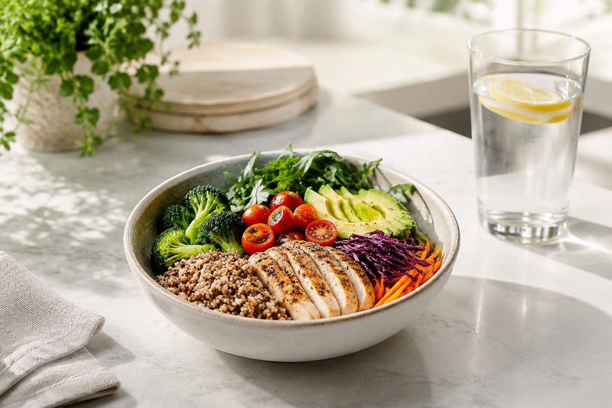 A balanced high-protein meal bowl with vegetables and a glass of water on a bright kitchen counter
