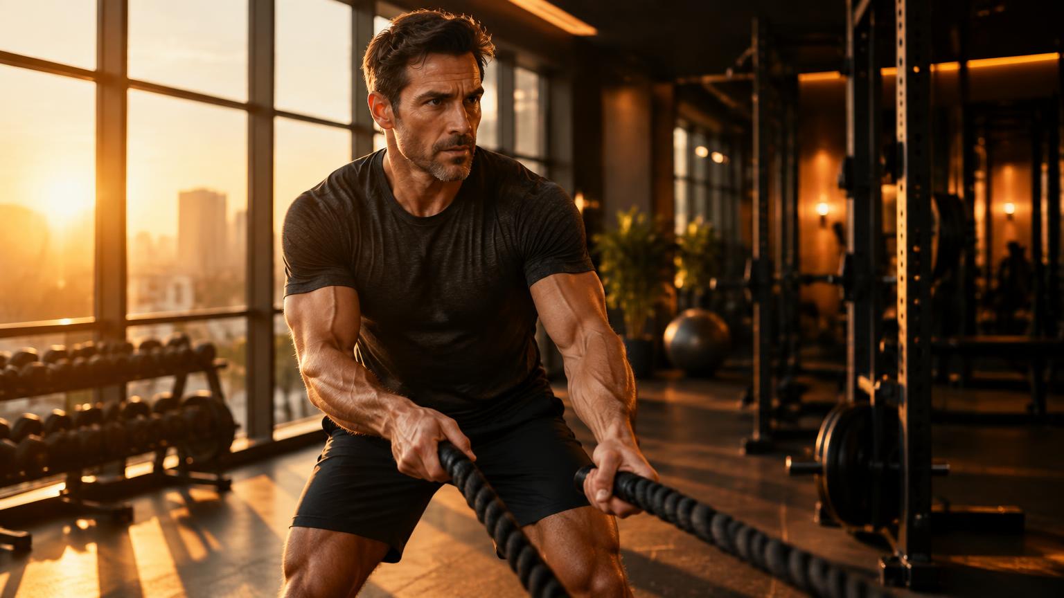 Fit man in his forties training with resistance ropes in a sunlit gym at golden hour