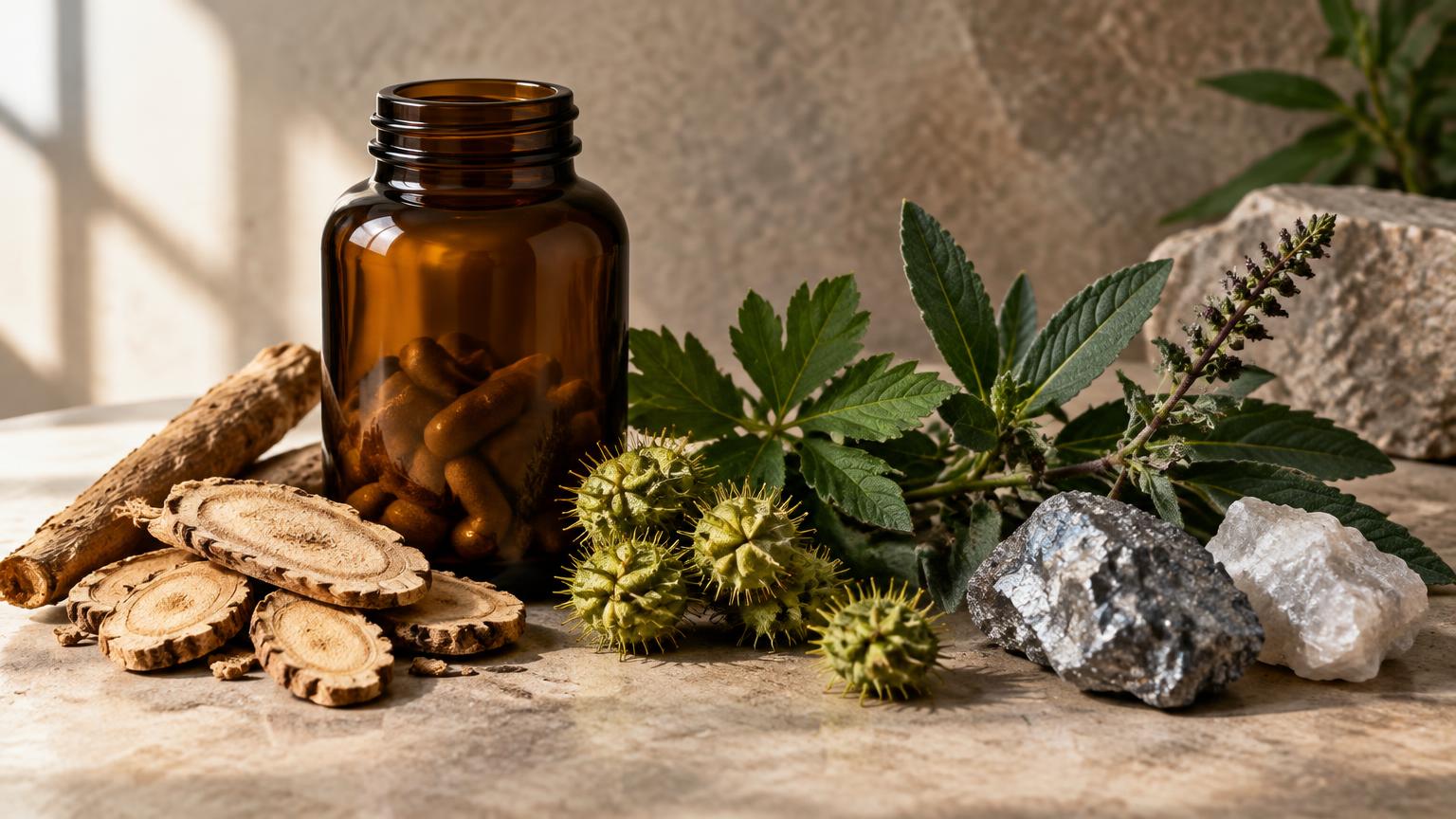 Amber supplement bottle beside tongkat ali root slices, tribulus fruits, herb leaves and mineral stones