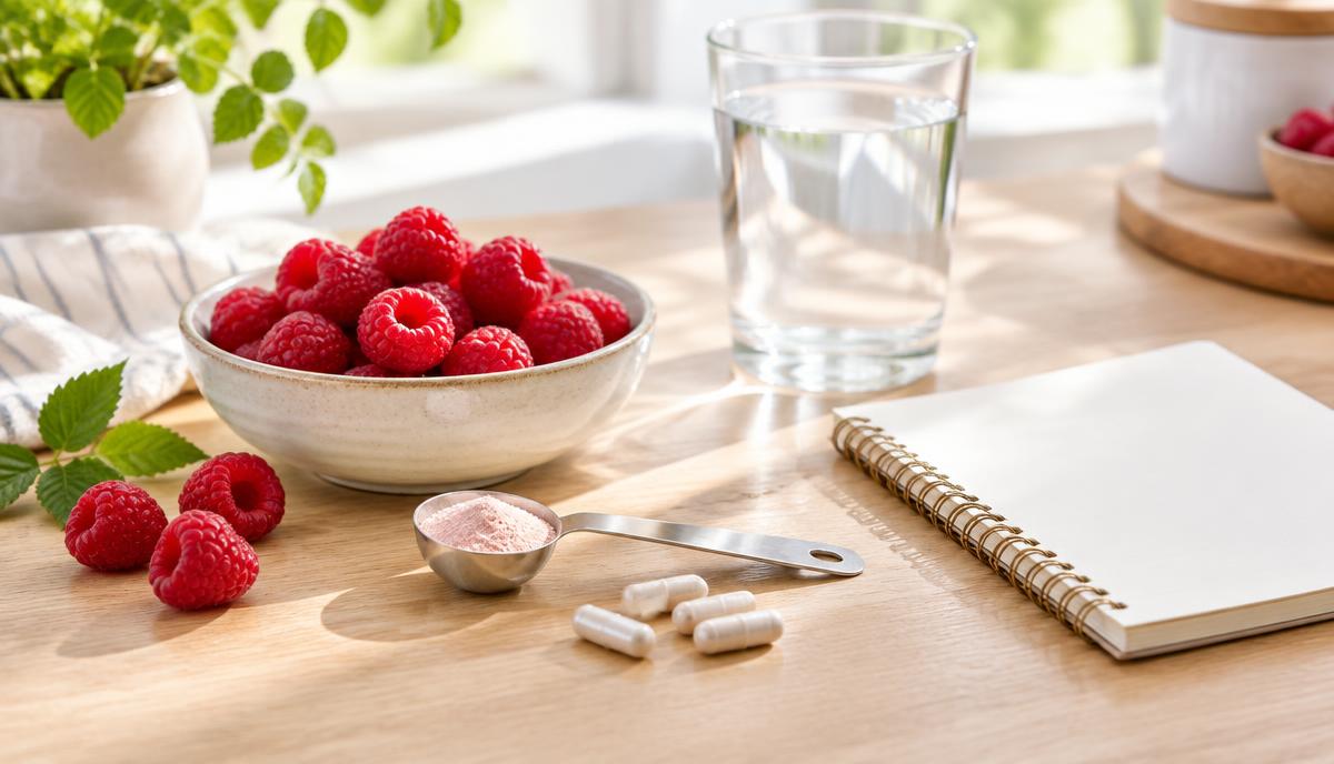 Bowl of raspberries, a measuring spoon, capsules and a glass of water on a wooden counter