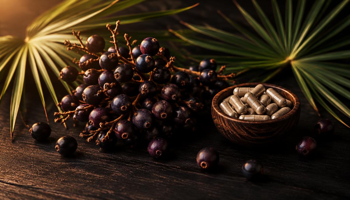 Dark saw palmetto berries and palm fronds on a black wooden table with a bowl of capsules