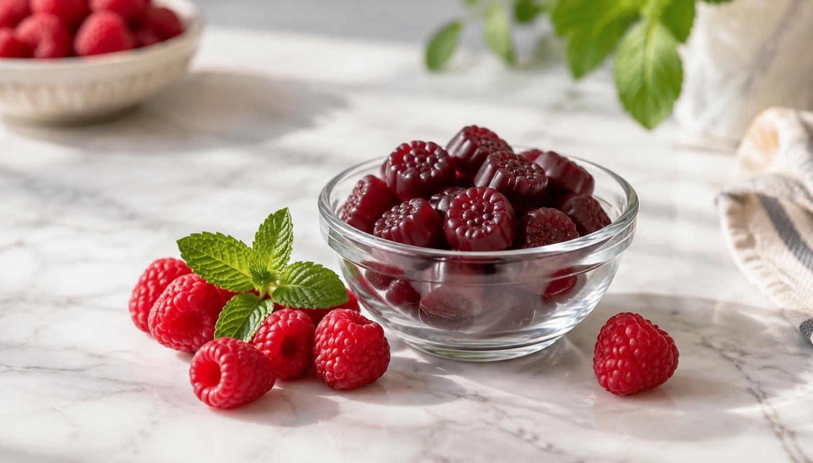 Sugar-free berry hair gummies in a glass bowl with fresh raspberries on a marble counter
