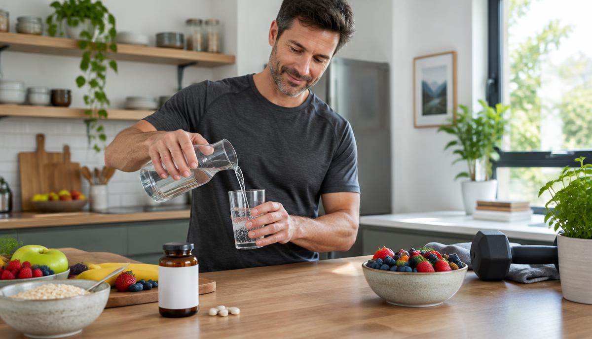 Man pouring water beside oats, fruit, a plain supplement bottle and exercise equipment in a bright kitchen