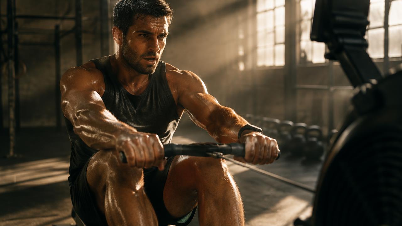 Athletic man training hard on a rowing machine in a sunlit gym