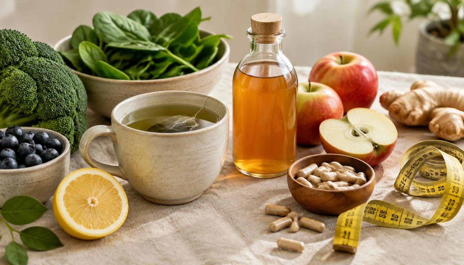 Fresh whole foods, green tea, apple cider vinegar and supplement capsules arranged on warm linen in soft daylight