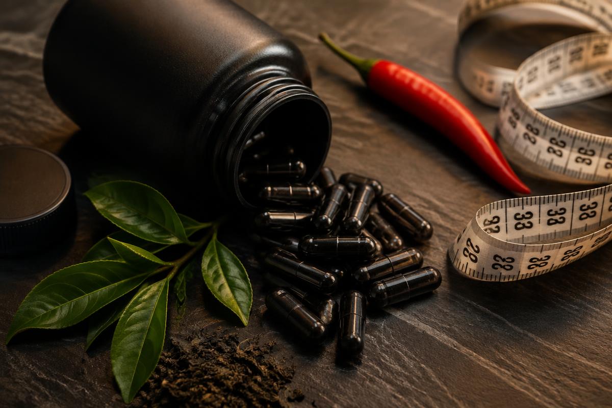 Black thermogenic capsules spilling from a matte bottle beside green tea leaves, chilli and a measuring tape