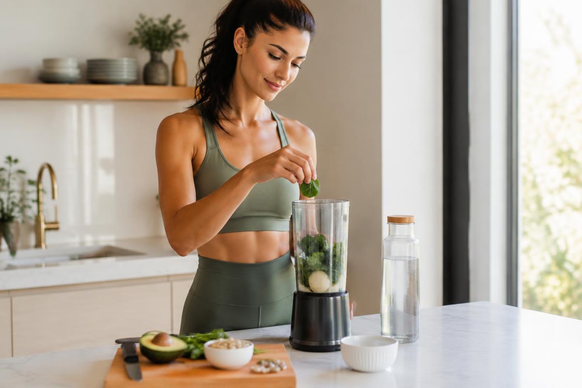A woman in athletic wear preparing a green smoothie in a bright kitchen with supplements on the counter