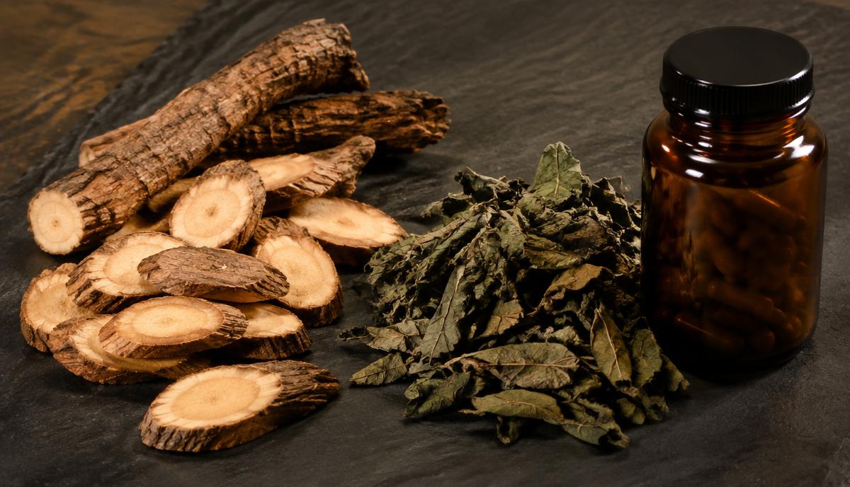 Sliced tongkat ali root and dried horny goat weed leaves beside a supplement bottle