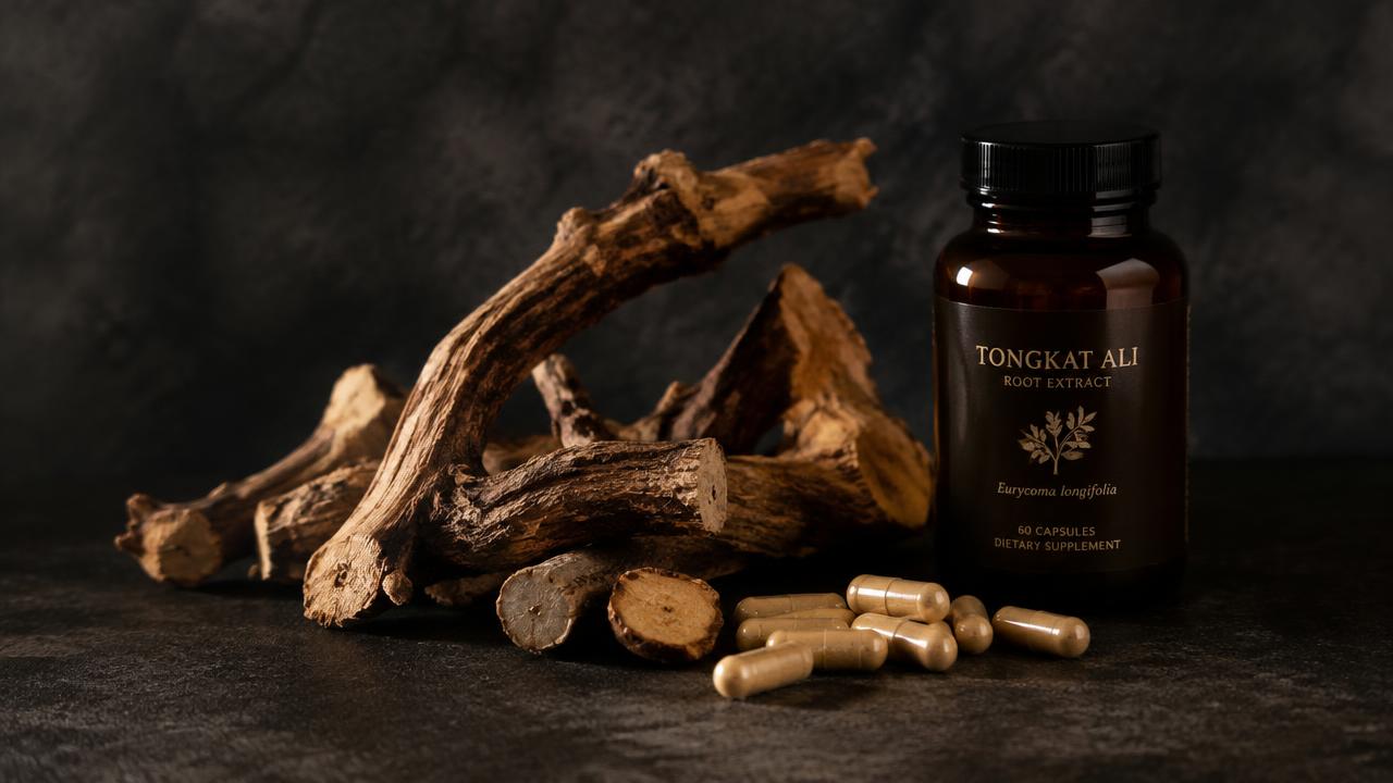 Tongkat ali root pieces and herbal capsules beside an amber glass supplement bottle on a dark surface