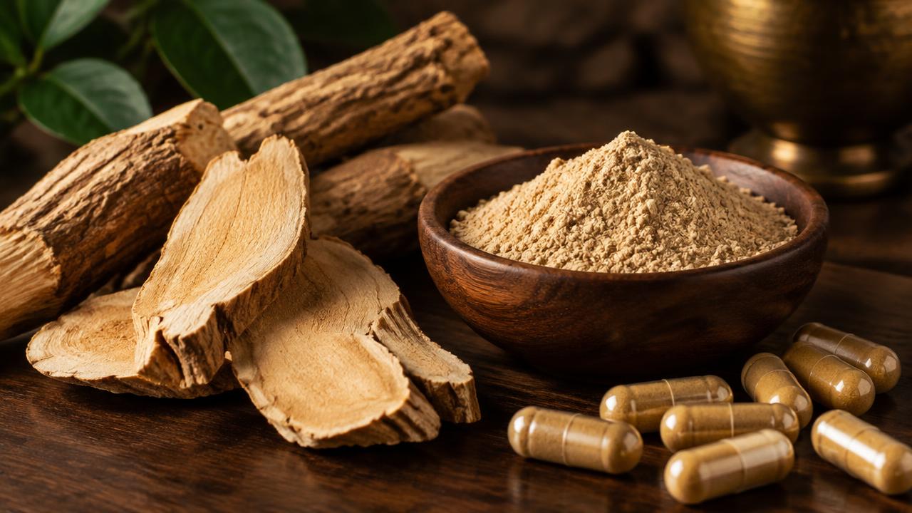Dried tongkat ali root slices and root powder in a wooden bowl beside herbal capsules on a walnut surface