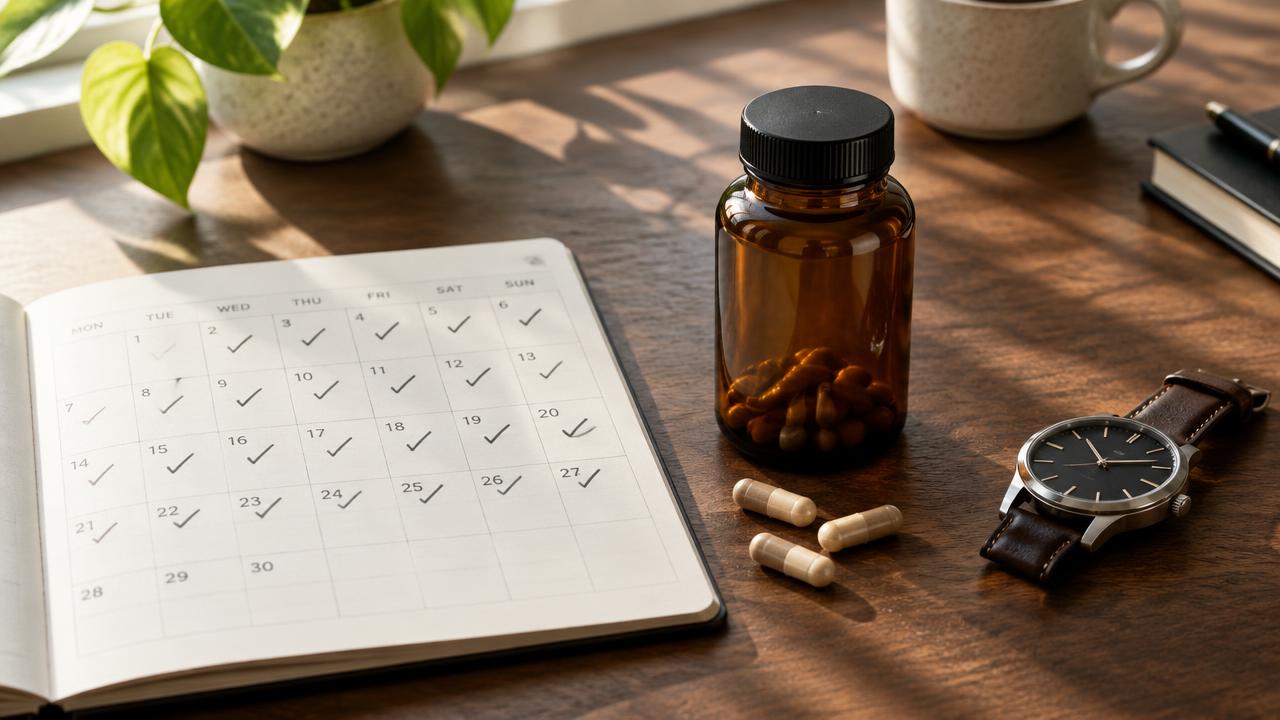 A wall calendar marked with daily check marks beside an amber supplement bottle, capsules and a watch on a wooden desk