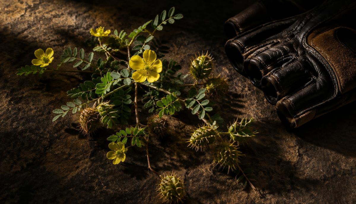 Tribulus terrestris plant with yellow flowers and spiky seed pods beside a leather gym glove