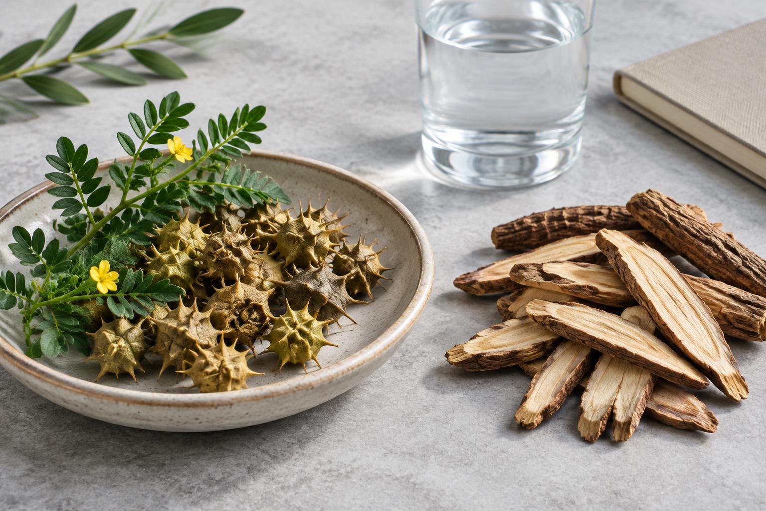 Editorial arrangement of spiny tribulus fruits and woody tongkat ali root slices