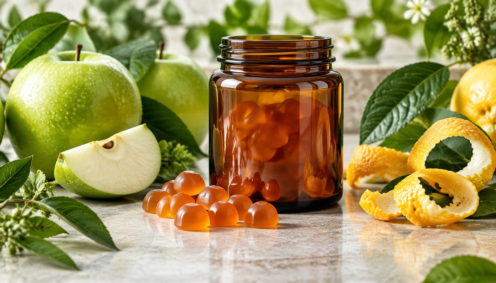 Amber vegan apple cider vinegar gummies with green apples and citrus peel